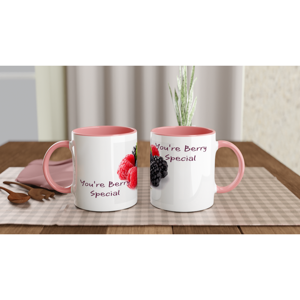 White 11oz Ceramic  Berry Mug with Color Inside.