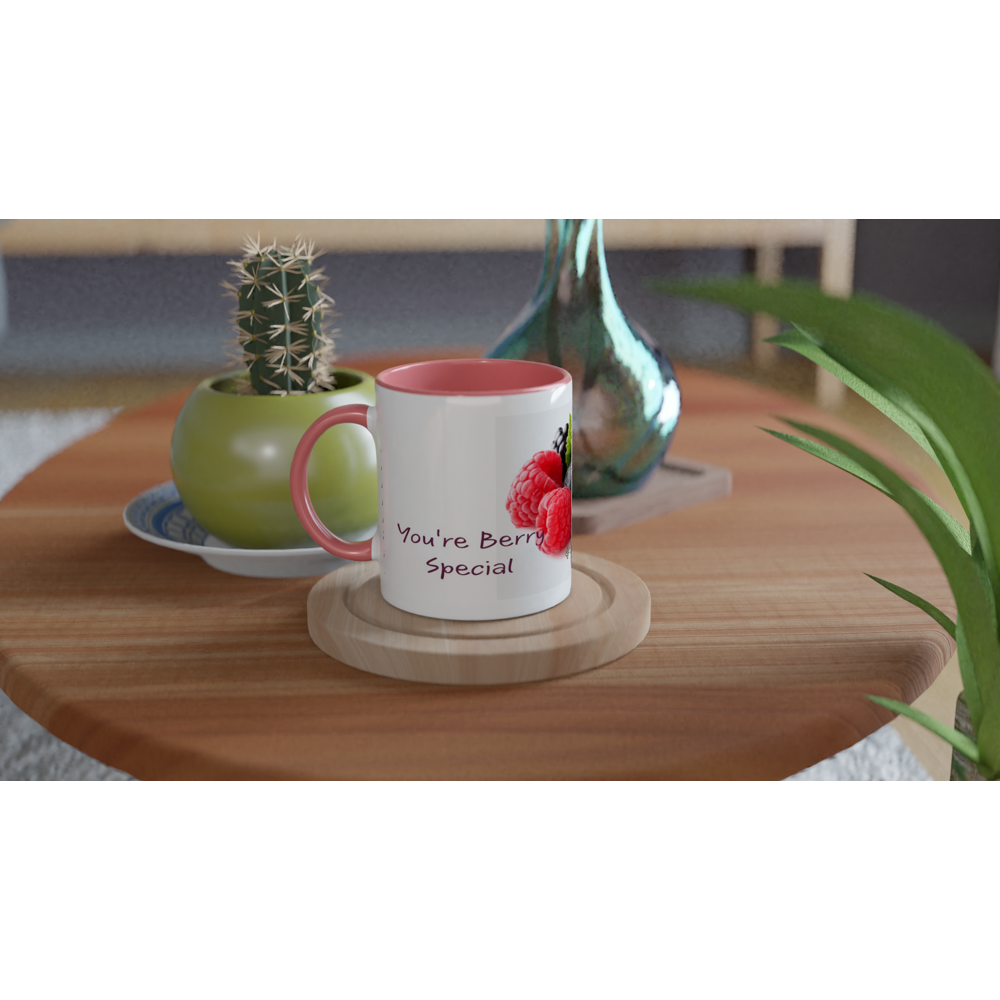 White 11oz Ceramic  Berry Mug with Color Inside.