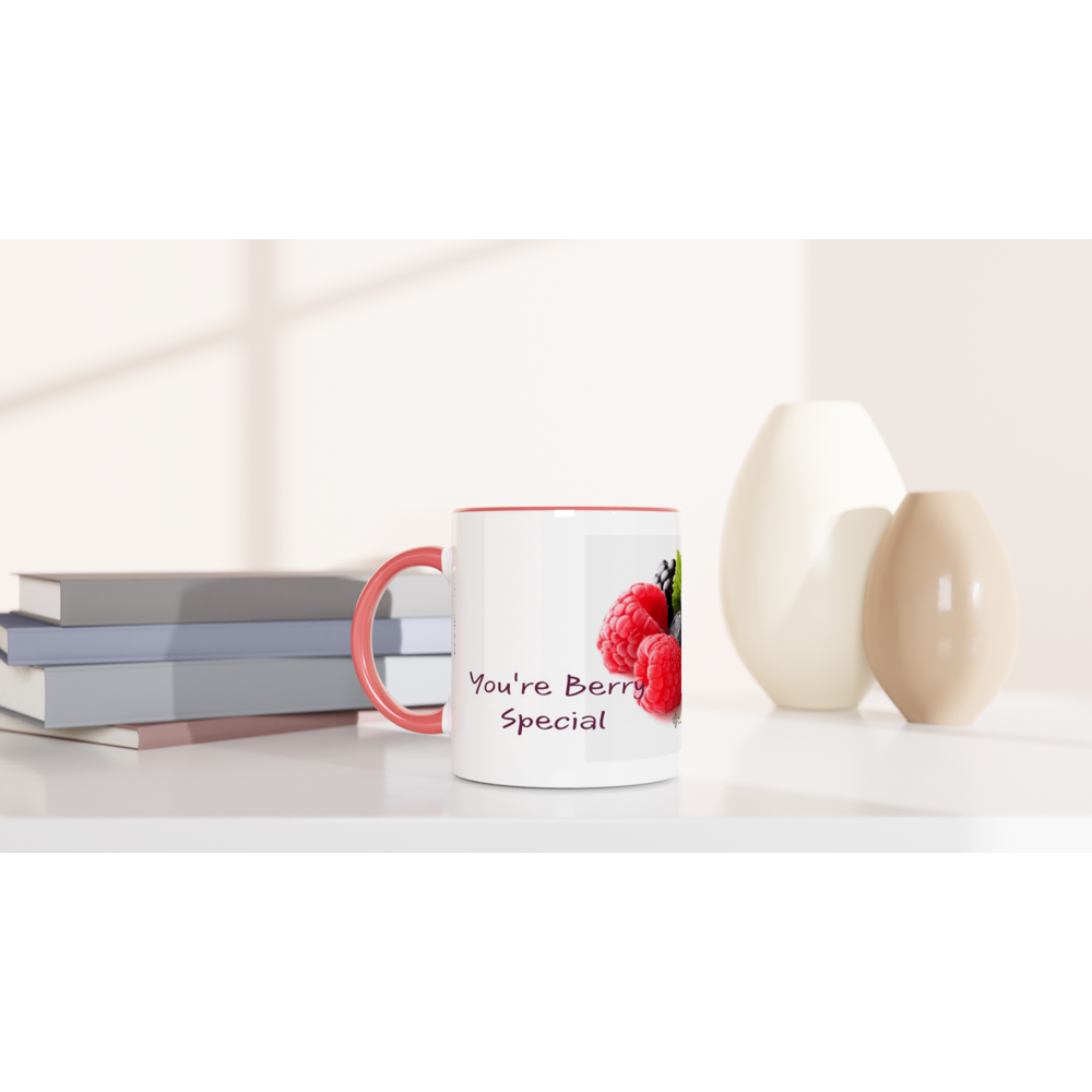 White 11oz Ceramic  Berry Mug with Color Inside.