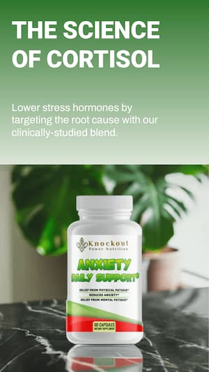 Knockout Anxiety Daily Support supplement bottle with green leafy background