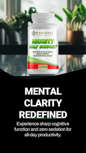 Supplement bottle labeled 'Anxiety Help Support' on a reflective surface with plants in the background.