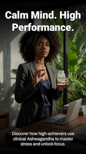 Woman holding a bottle of supplements with text about Ashwagandha and stress management.