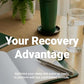 Green shaker bottle on a wooden table with an open book and glass of water, featuring 'Your Recovery Advantage' text.