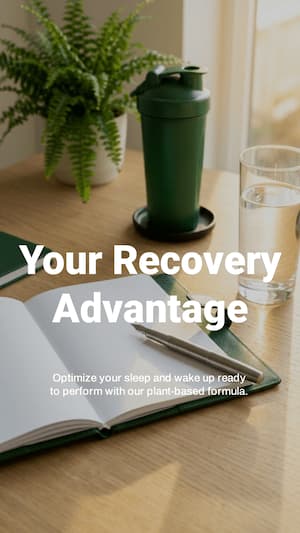 Green shaker bottle on a wooden table with an open book and glass of water, featuring 'Your Recovery Advantage' text.
