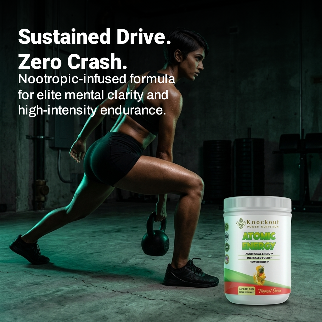 Person in a gym setting with a supplement container labeled 'Atomic Energy' and text about a nootropic-infused formula.