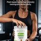 Person holding a supplement container with text about clean energy and unstoppable focus.