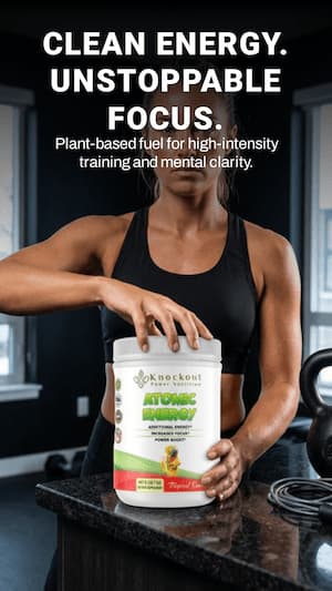 Person holding a supplement container with text about clean energy and unstoppable focus.