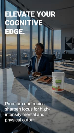 Person working at a desk with a nootropic supplement container, text about cognitive enhancement.