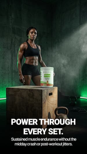 Woman standing next to a protein powder container with text about sustained muscle endurance on a dark background.