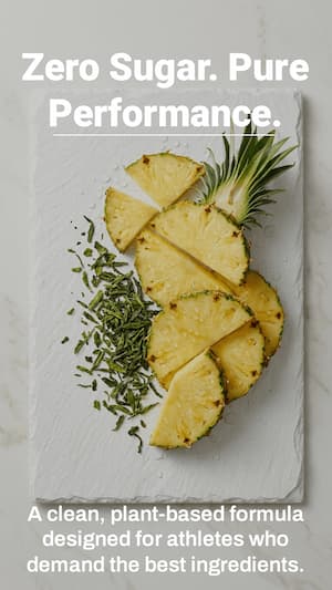 Sliced pineapple on a white plate with text about zero sugar and pure performance.
