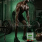 Man lifting weights with a supplement bottle labeled 'BOOM' in a gym setting.