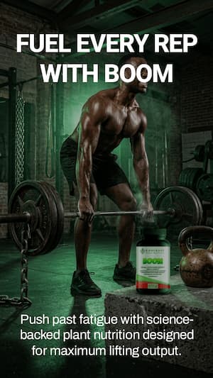 Man lifting weights with a supplement bottle labeled 'BOOM' in a gym setting.