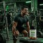 Man in a gym squatting with a supplement container labeled 'Boom' in the foreground.