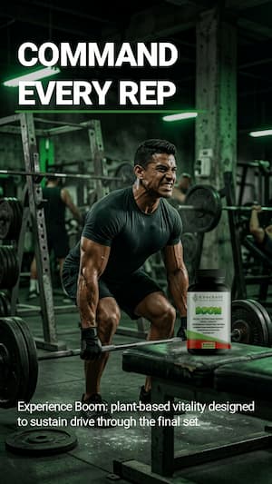 Man in a gym squatting with a supplement container labeled 'Boom' in the foreground.