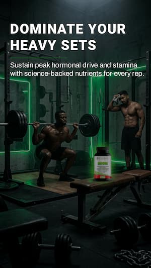 Two men lifting weights in a gym with a supplement container on a bench, text about hormone drive and stamina.
