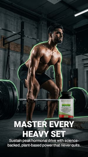 Man lifting weights with a supplement bottle labeled 'Master Your Drive' in a gym setting.