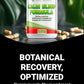 Supplement bottle labeled 'Calm Sleep Formula' with capsules on a dark surface and green leaves in the background.