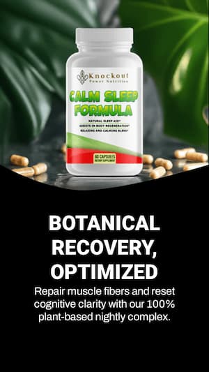 Supplement bottle labeled 'Calm Sleep Formula' with capsules on a dark surface and green leaves in the background.