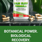 Supplement bottle labeled 'Knockout! Calm Sleep Formula' with capsules on a dark surface and green leaves in the background.