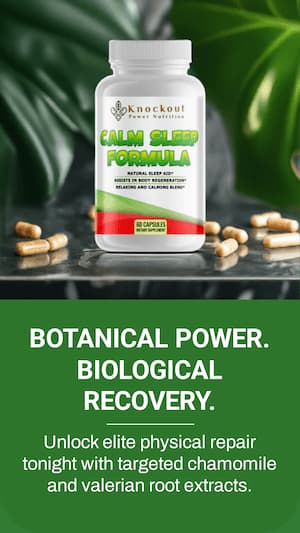 Supplement bottle labeled 'Knockout! Calm Sleep Formula' with capsules on a dark surface and green leaves in the background.