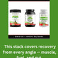 Advertisement for 'The Marcus Recovery Stack' with three supplement containers on a green background.