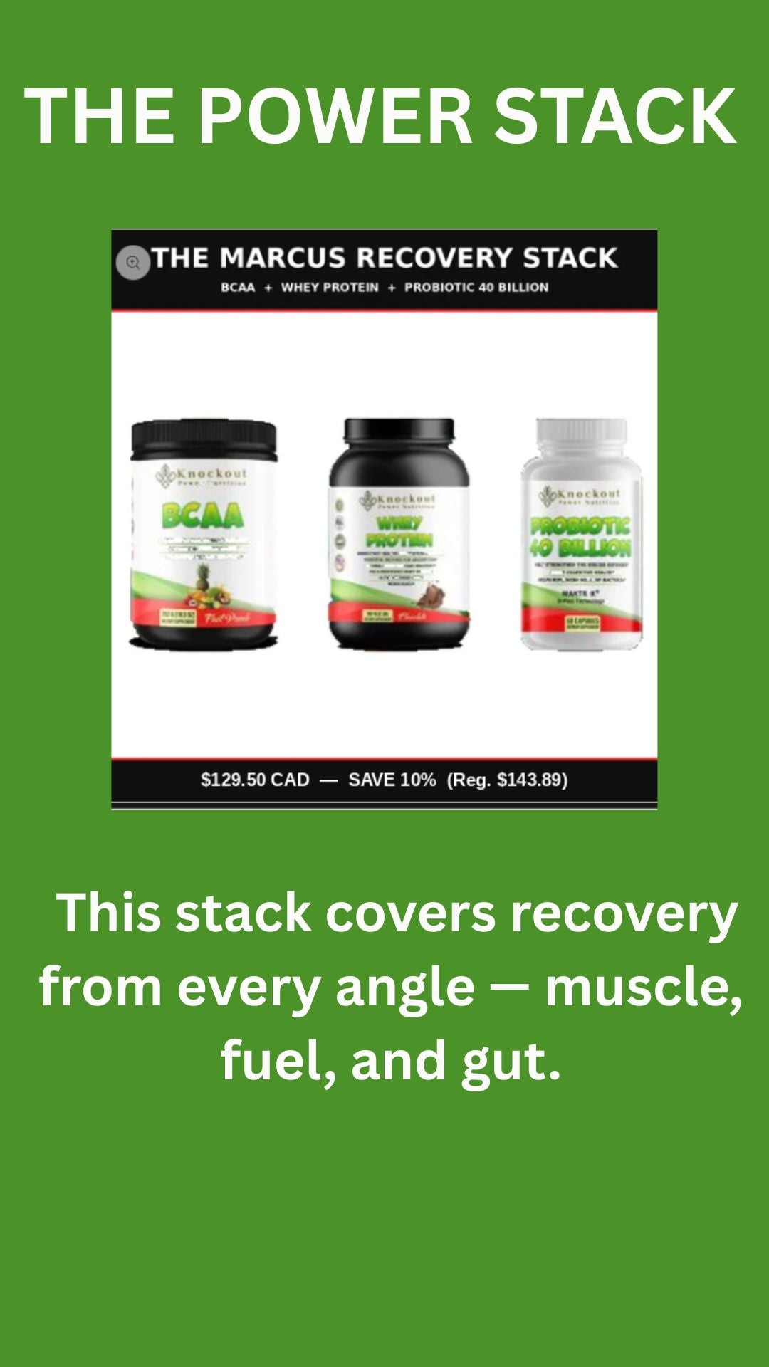 Advertisement for 'The Marcus Recovery Stack' with three supplement containers on a green background.