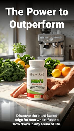 Knockout Men's multivitamin bottle on a kitchen counter with text about plant-based edge for men.