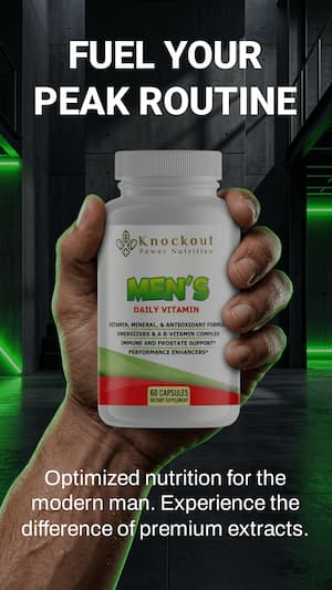 Hand holding a bottle of Knockout Men's Daily Vitamin with promotional text on a dark background