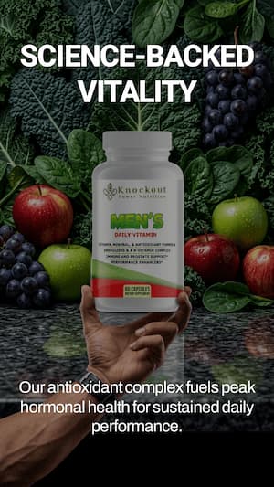 Knockout Men's Daily Vitamin bottle held in front of fruits and vegetables with text about science-backed vitality.