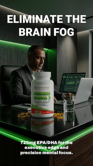 Man in a suit sitting at a desk with a bottle of Nordic Naturals Omega-3 supplement, surrounded by technology.