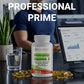 Person at a desk with a bottle of Omega-3 supplement and text about precision and professional prime.