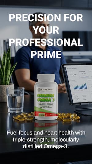 Person at a desk with a bottle of Omega-3 supplement and text about precision and professional prime.