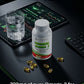 Supplement bottle with pills on a dark surface with text about Omega-3 benefits.
