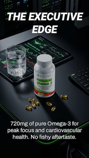 Supplement bottle with pills on a dark surface with text about Omega-3 benefits.