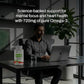 Person working at a desk with a bottle of supplements and a glass, with text about Omega-3 supplements.