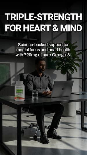 Person working at a desk with a bottle of supplements and a glass, with text about Omega-3 supplements.
