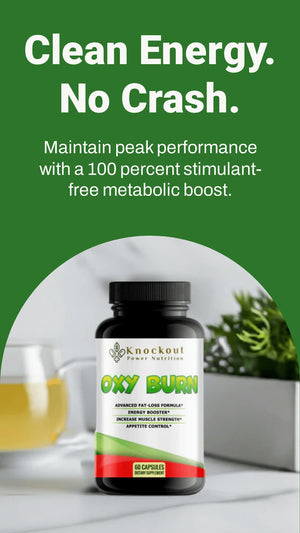 Bottle of Oxy Burn supplement with promotional text on a green background