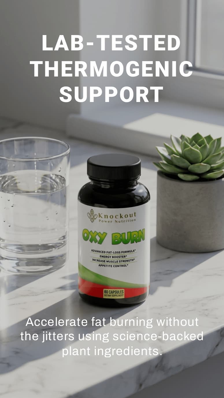 Supplement bottle labeled 'Oxy Burn' on a marble surface with text about lab-tested thermogenic support.