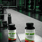 Two bottles of a supplement on a gym floor with text about sustained focus and control.