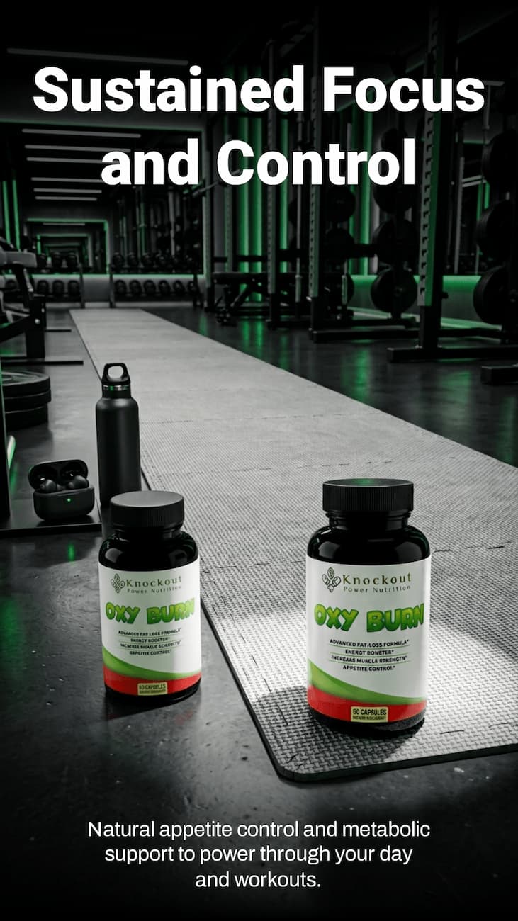 Two bottles of a supplement on a gym floor with text about sustained focus and control.