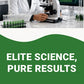 Person in a lab coat using a microscope with a green banner and text about elite science and pure results.
