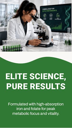 Person in a lab coat using a microscope with a green banner and text about elite science and pure results.