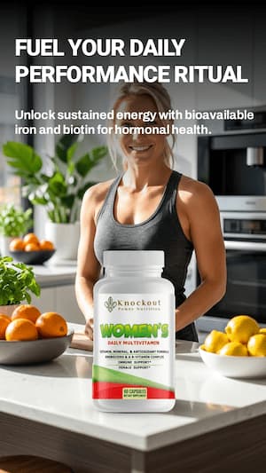Woman standing in a kitchen with a bottle of Knockout Women's Multivitamin on the counter.