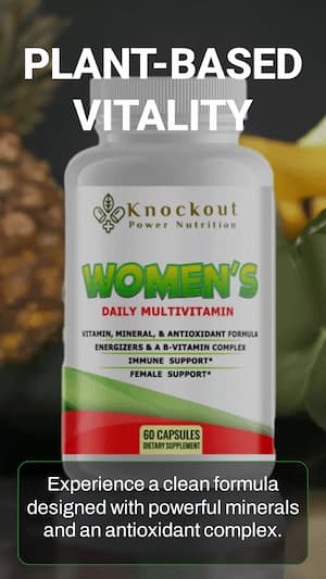 Knockout Power Nutrition Women's Daily Multivitamin bottle with green leaves and pineapple in the background