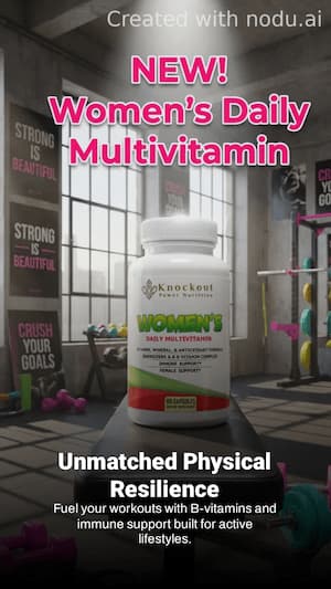 Women's Daily Multivitamin bottle with promotional text in a gym setting