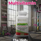 Knockout Women's Daily Multivitamin bottle in a gym setting with promotional text.