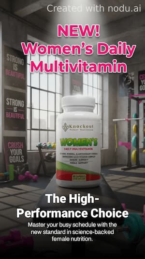 Knockout Women's Daily Multivitamin bottle in a gym setting with promotional text.