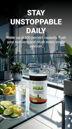 BCAA supplement bottle on a table with a cityscape view, lemon slices, and water.