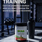 BCAA supplement container and shaker bottle on a table with gym equipment in the background
