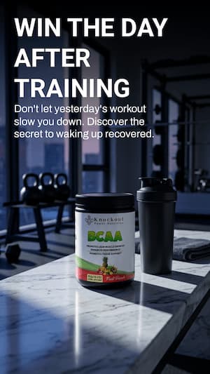 BCAA supplement container and shaker bottle on a table with gym equipment in the background
